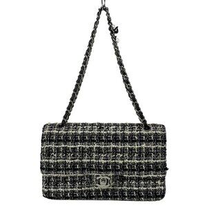 CHANEL Double Flap Matelasse A01112 Black White Tweeds Shoulder Bag